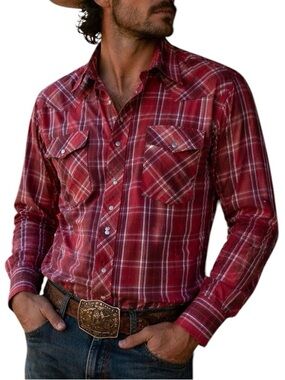 Wrangler Large Tall Red Plaid Pearl Snap Button Long Sleeve Shirt